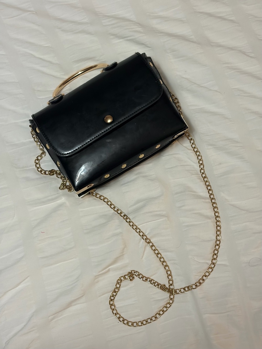 Black Patent Crossbody Bag with Gold Chain